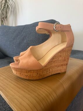 Nine West Peach Suede Cork Wedge Sandals with Ankle Buckle
